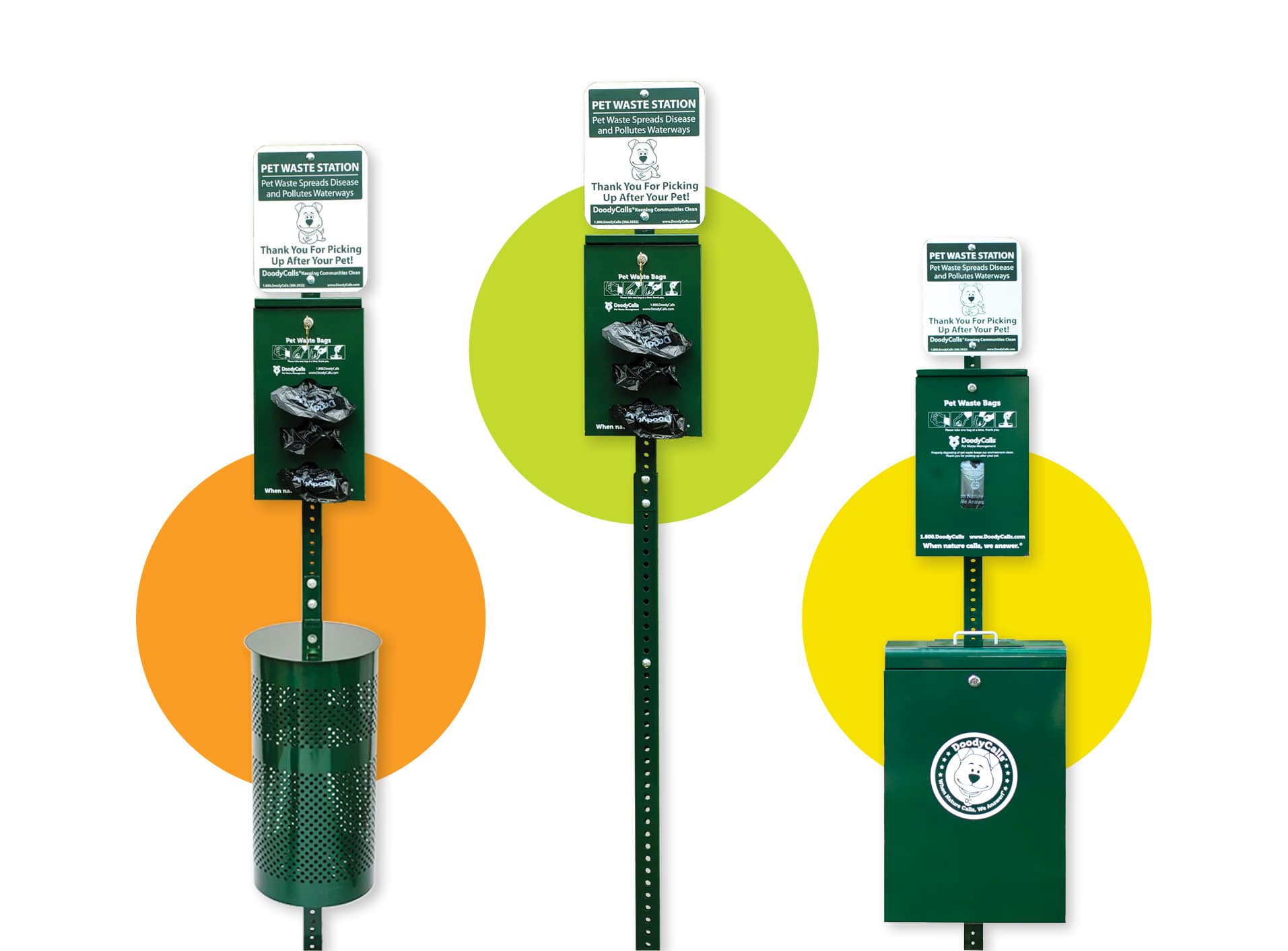 Our three pet waste stations: The Commander™, The Master Chief™, & The Admiral™