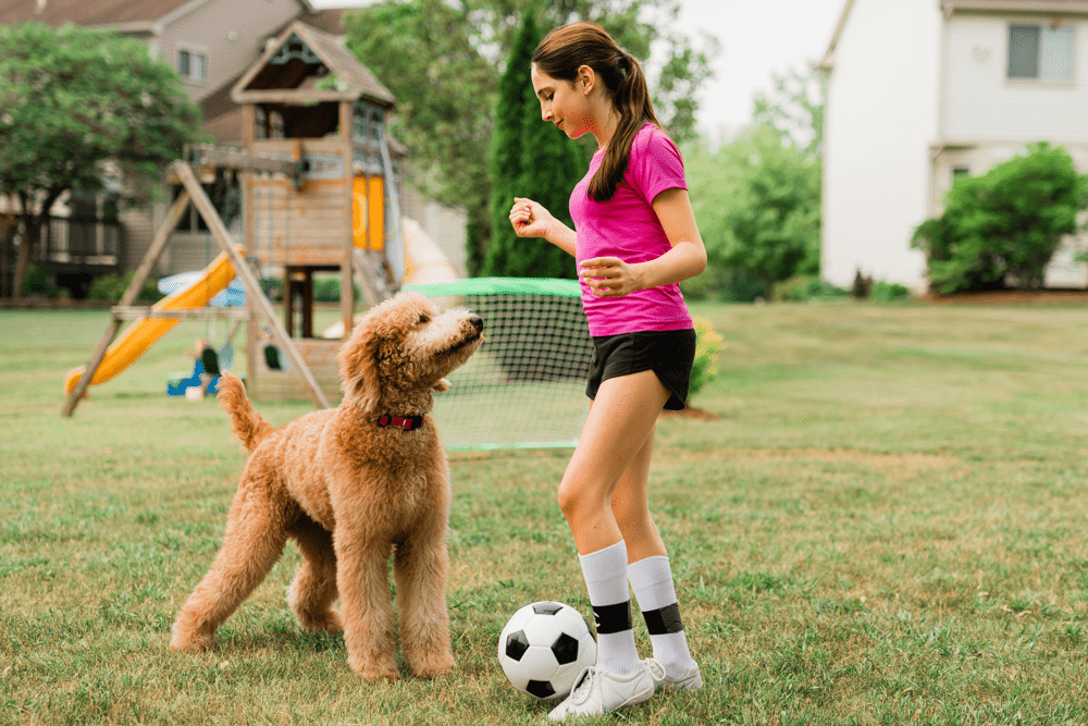 girl and dog playing soccer